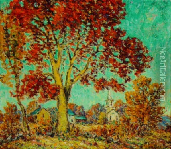 New England Autumn Landscape With Church Oil Painting - Robert Reid