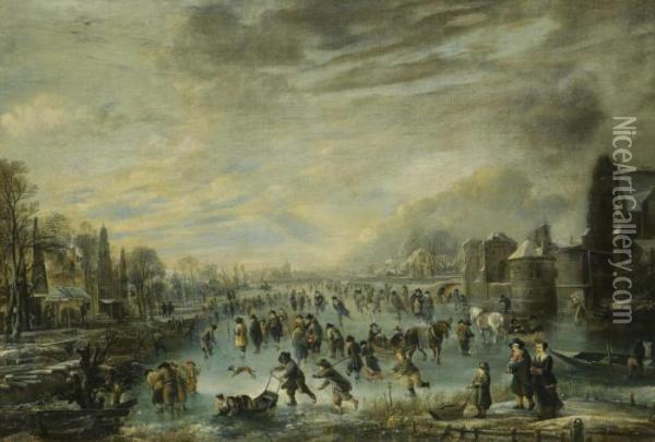Winter Landscape With Skaters Oil Painting - Aert van der Neer