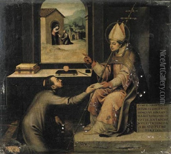 Saint Ignatius Of Antioch Giving A Disciple A Letter To Take To The Madonna Oil Painting - Vicente Joanes Masip