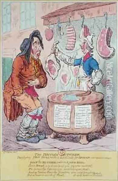The British Butcher supplying John Bull with a substitute for bread Oil Painting - James Gillray