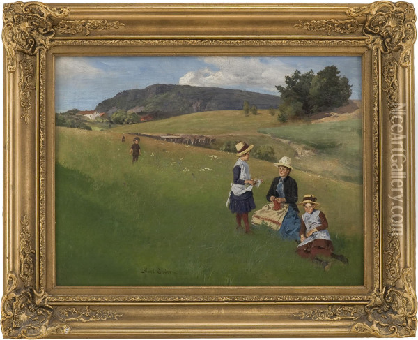 Landscape Scene With Woman And Children Oil Painting - Axel Ender