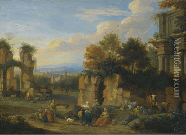 An Italianate Landscape With Figures Resting Near Ruins Oil Painting - Pieter Bout Brussels