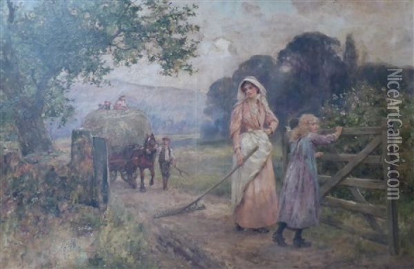 Mother And Daughter At An Open Gateway With A Hay Cart Following Oil Painting - Henry John Yeend King