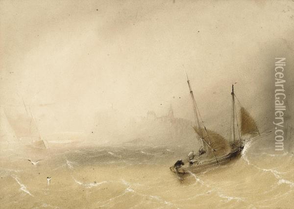Fishing Vessels Coming Out Of The Early Morning Mist, Jersey Oil Painting - John Le Capelain