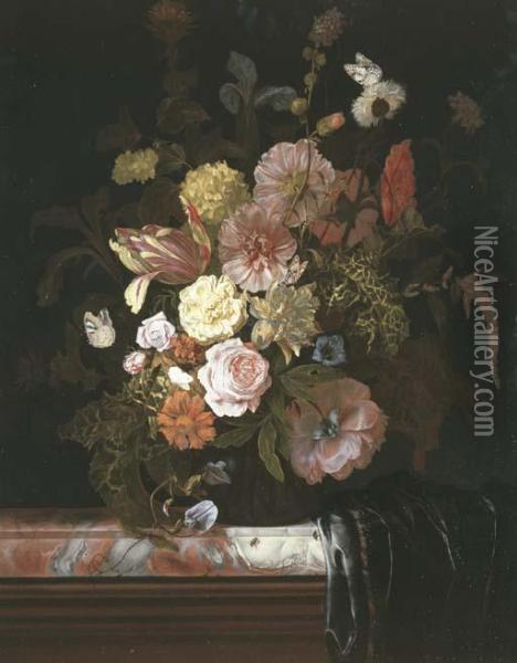 Roses, Peonies, Tulips And Other Flowers, In A Glass Bowl Standing On A Veined Marble Slab, The Corner Which Is Covered In A Plum-colored Silk Drapery Oil Painting - Nicolaes Lachtropius