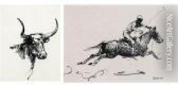 Texas Long Horn; Burro Laden With Firewood;slain Deer, 1999; Prairie Dog; Polo Rider (5) Oil Painting - John Edward Borein