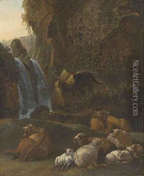 A rocky river landscape with sheep and cattle Oil Painting - Adriaen Van De Velde