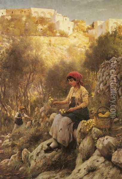 Young Girls Picking Flowers Oil Painting - Horace Fisher