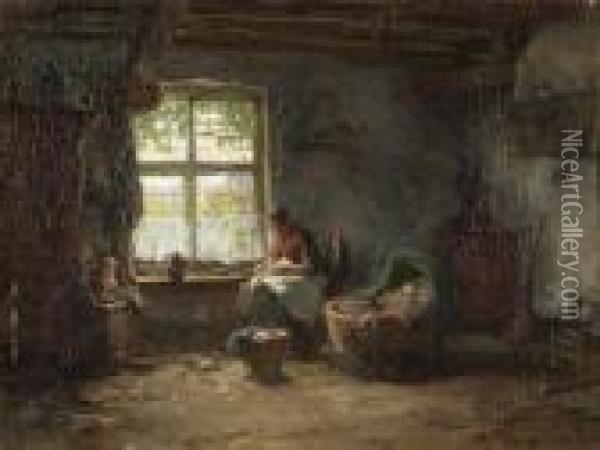 Nahende Bauerin An Der Wiege In
 Hollandischer Stube. Oil Painting - Arthur Briet