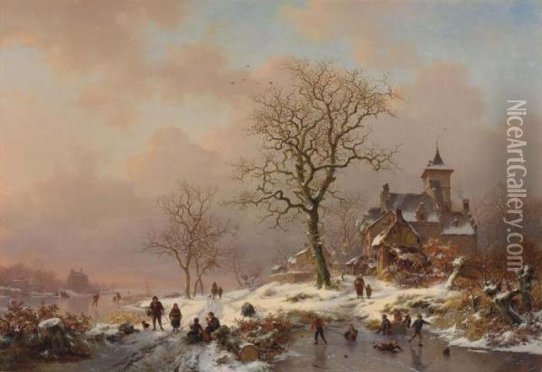 Winter Landscape With Figures Playing On The Ice Oil Painting - Frederik Marianus Kruseman