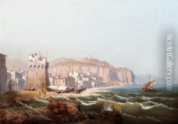 View Of An Italian Fortress, Possibly In Salerno Oil Painting - August Friedrich W. Nothnagel