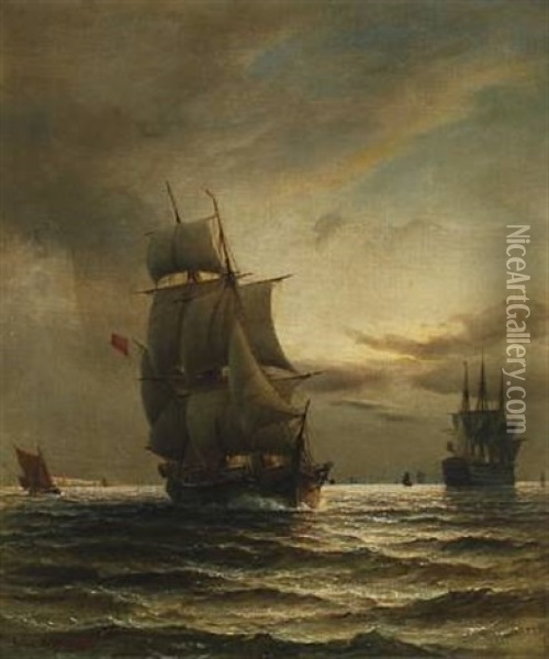 Marine With Several Ships Oil Painting - Daniel Hermann Anton Melbye