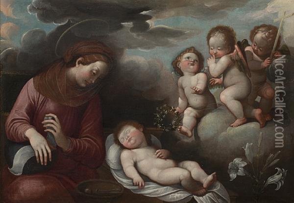 The Madonna And Child, With Angels Bearing Thesymbols Of The Passion Oil Painting - Guglielmo Caccia