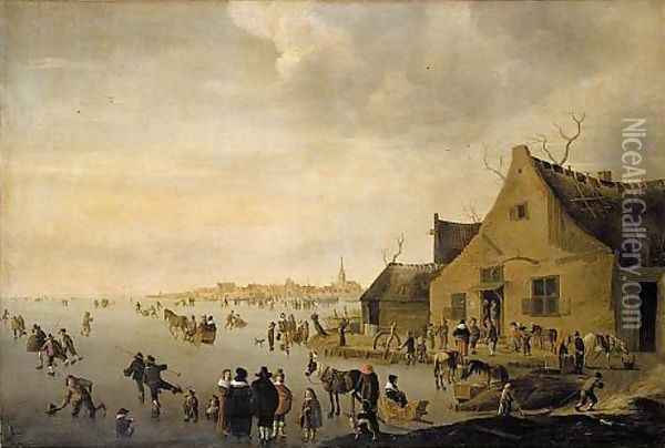 Skaters on a frozen lake at the edge of a town 1653 Oil Painting - Cornelis Beelt