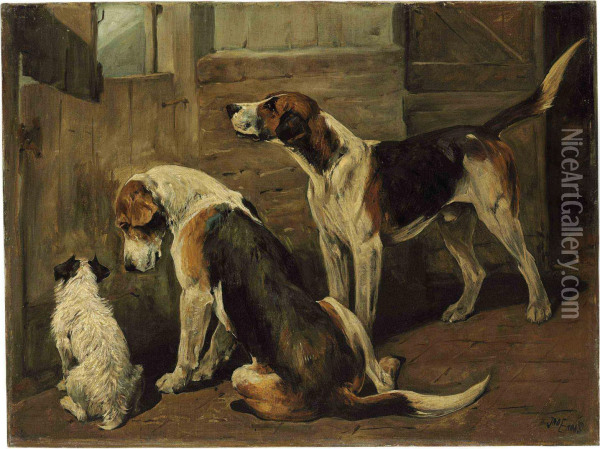 Waiting For The Hunt: A Terrier And Two Hounds Oil Painting - John Emms