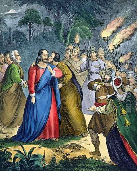 Judas Betrays his Master, from a bible, 1870's Oil Painting - Siegfried Detler Bendixen