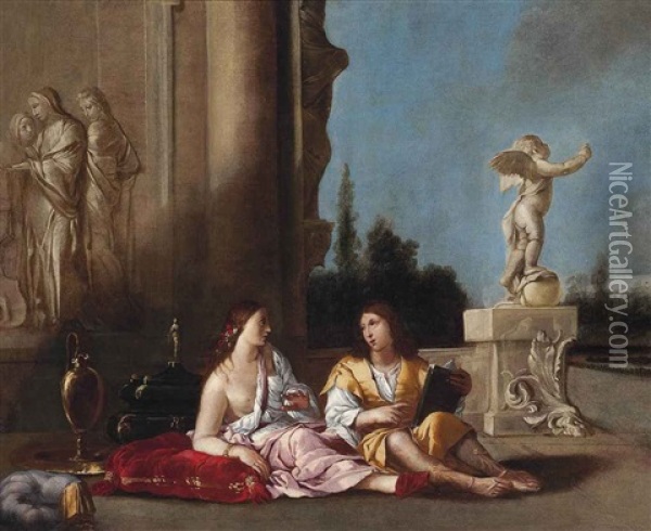 The Poet And His Muse At Rest In A Courtyard Oil Painting - Giulio Carpioni