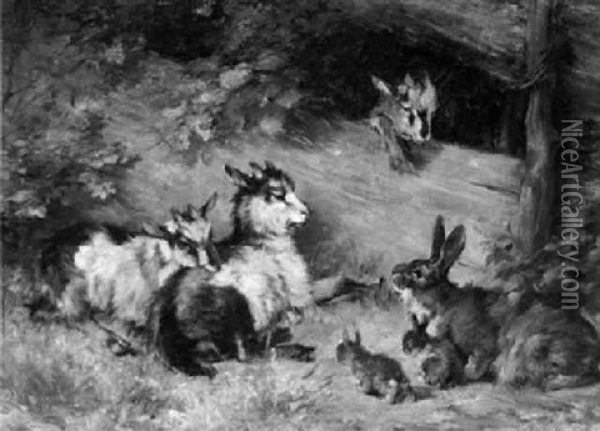 Drei Zicklein Und Kaninchenfamilie Vor Einem Verschlag Oil Painting - Julius Adam the Younger