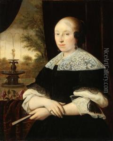 Portrait Of An Elegant Lady Holding Fan And With Distant Garden And Fountain Beyond Oil Painting - Bartholomeus Van Der Helst