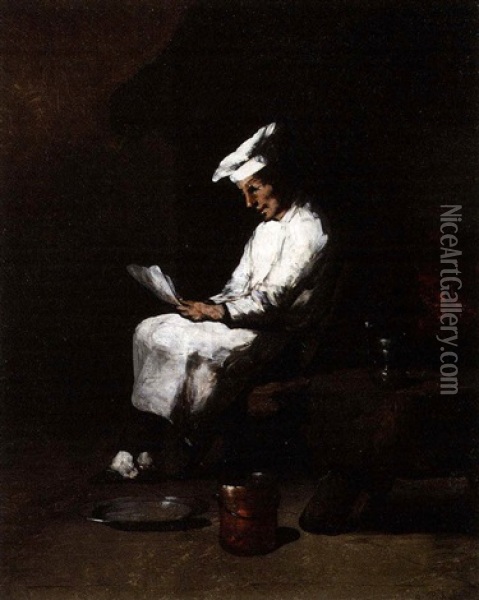 A Chef Reading A Letter Oil Painting - Germain Theodore Ribot