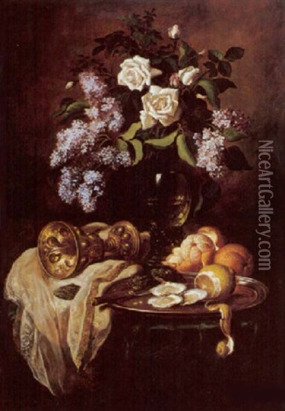 Still Life With Flowers, Citrus, Oysters And Two Wine Chalices Oil Painting - Ludwig Adam Kunz