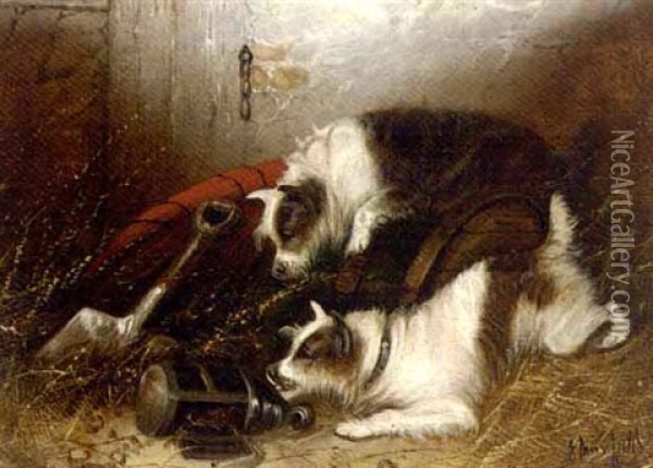 Terriers In A Barn (+ Terriers Ratting; Pair) Oil Painting - Edward Armfield
