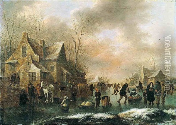 Winter Landscape With Numerous Figures Upon A Frozen Canal In A Village Oil Painting - Nicolaes Molenaer