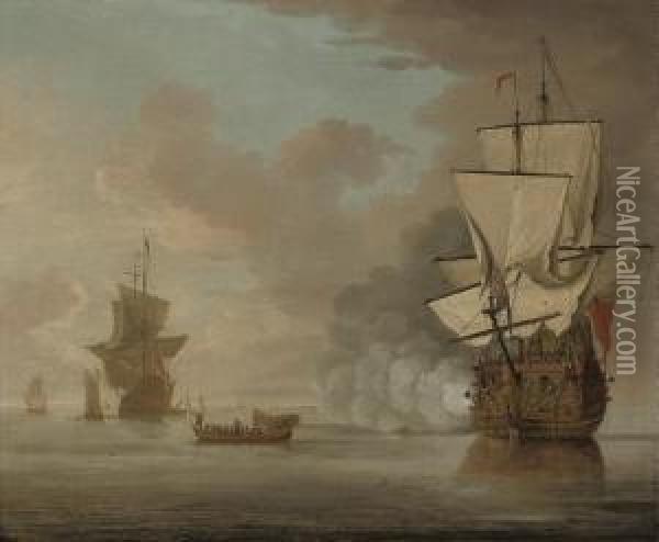An English Man-o'war Saluting The Flagship As She Gets Underway From Her Anchorage Oil Painting - Samuel Scott