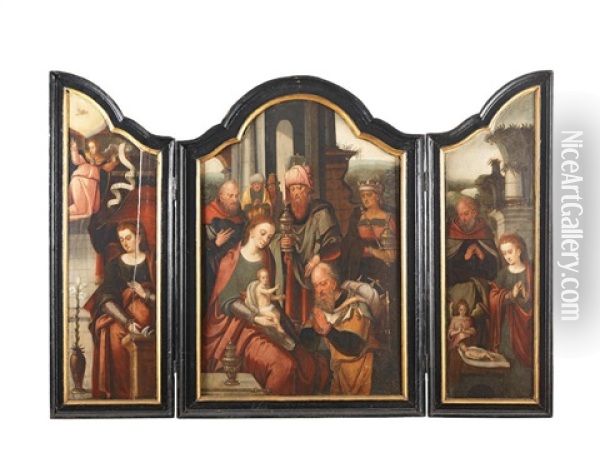 A Triptych: The Central Panel: The Adoration Of The Magi; The Left Wing: The Annunciation; And The Right Wing: The Rest On The Flight Into Egypt Oil Painting - Pieter Coecke van Aelst the Elder