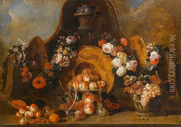 A Basket Of Plums With A Silver Gilt Tazza Ofpeaches And Garlands Of Flowers With A Basket Of Grapes Arranged Ina Stone Niche Oil Painting - Pierre-Nicolas Huillot