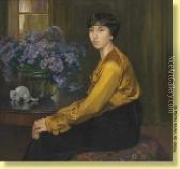 Madame Firmin Baes Au Bouquet D'asters Oil Painting - Firmin Baes
