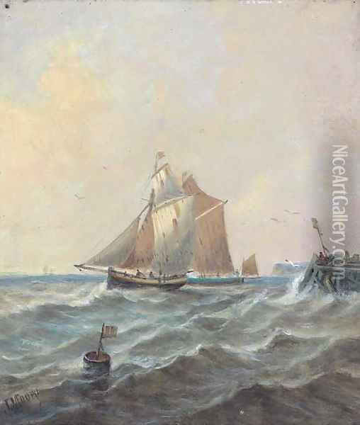 Fishing schooners coming out of port, possibly Newhaven Oil Painting - John Moore Of Ipswich
