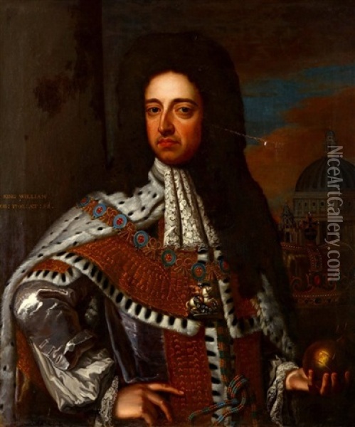 Portrait Of King William Iii (1650-1702), Half-length, In Robes Of State, Holding An Orb Oil Painting - Godfrey Kneller