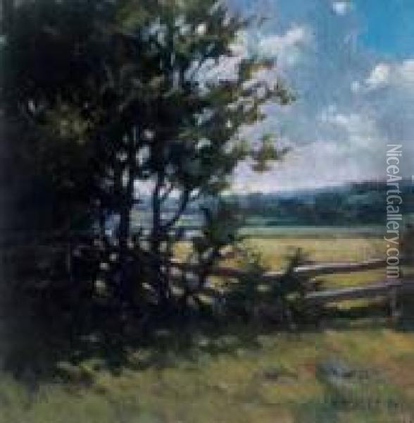 Country Landscape With Fence
 Oil On Board Oil Painting - John William Beatty