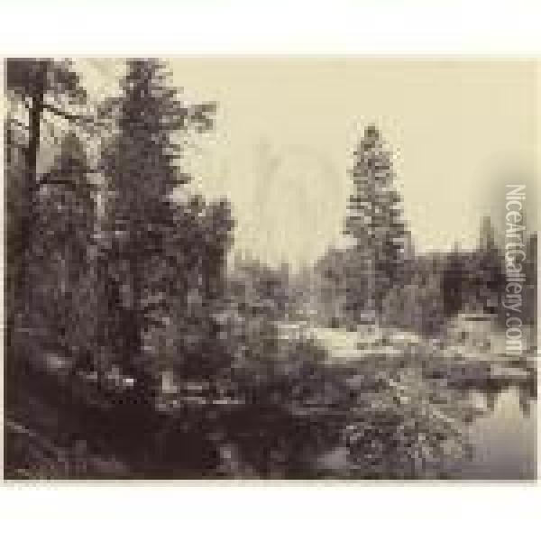 River View From The Valley, Cathedral Rocks, Yosemite Oil Painting - Carleton E. Watkins