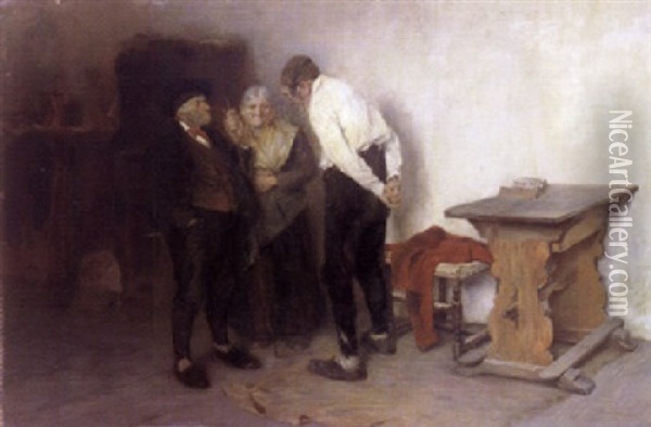 Im Gesprach Stehen Zwei Bauern Und Eine Alte Frau In Der Stube Oil Painting - Edmund Harburger