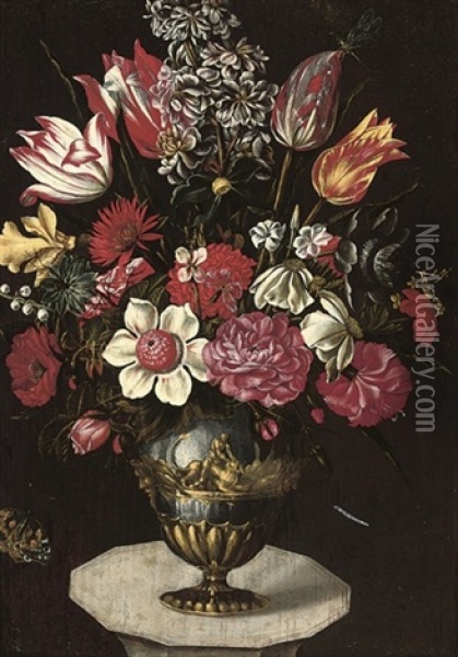 A Stock, Chrysanthemums, Roses, Anemones, Parrot Tulips, And Other Flowers In A Classical Urn On A Plinth, With A Butterfly And Dragonfly Oil Painting - Francesco Codino