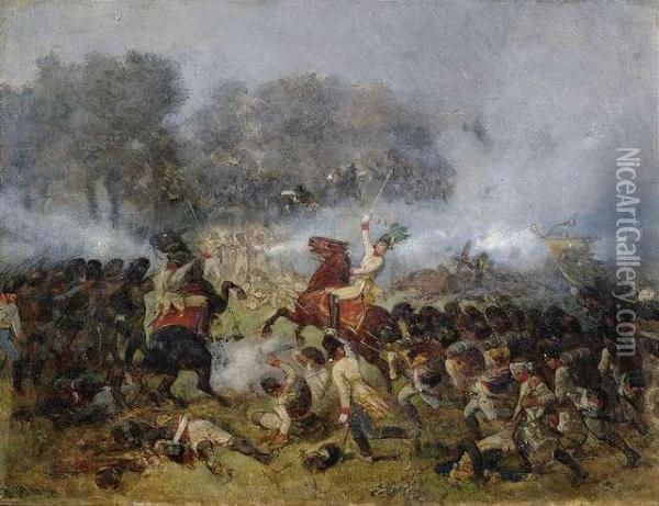 Infantry Battle. Oil Painting - Reinhold Braun
