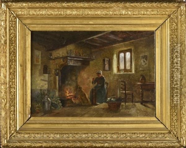 Femme A La Baratte Devant Une Cheminee Oil Painting - Charles Joseph Beauverie
