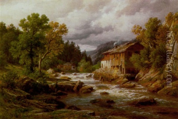 Bauernhauser Am Wildbach Im Gebirgstal Oil Painting - Eduard Friedrich Pape