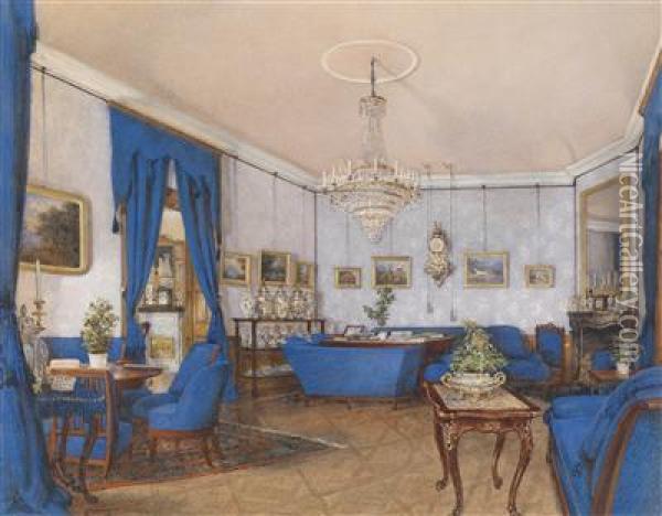 Biedermeierliches Interieur Mit Einem An Einem Tisch Sitzenden Mann Oil Painting - Franz Alt