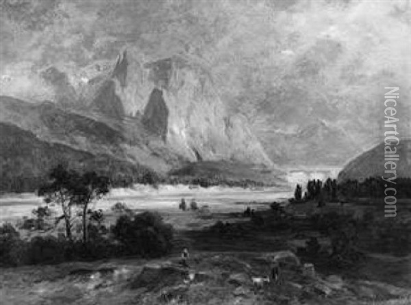 Blick Auf Das Karwendelgebirge Bei Krun In Den Bayrischen Alpen Oil Painting - Ludwig Gebhardt