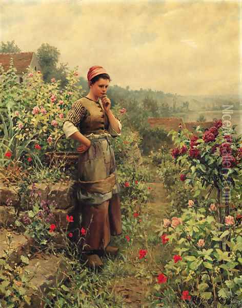 In a Normandy Garden Oil Painting - Daniel Ridgway Knight