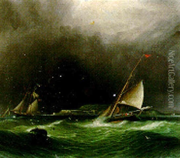 Ships Tossed By Rough Seas Oil Painting - James Edward Buttersworth