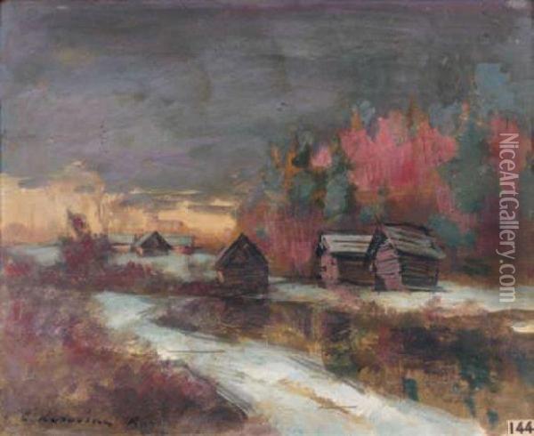Village Dans La Foret, L'hiver Oil Painting - Konstantin Alexeievitch Korovin