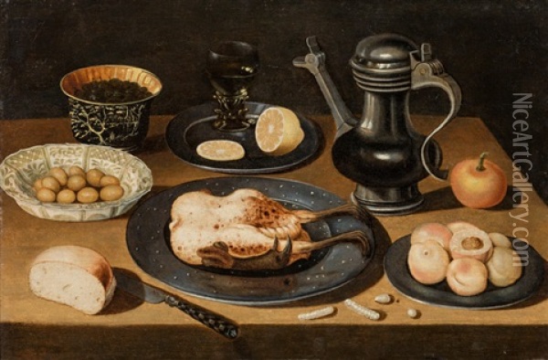 Still Life With Roasted Chicken, Olives, Fruit And Bread Oil Painting - Osias Beert the Elder