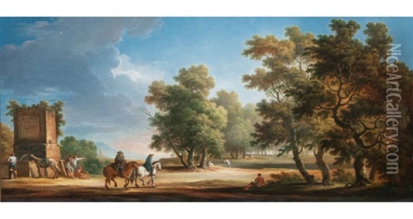Arkadische Landschaft Mit Reitern Oil Painting - Giovanni Battista Busiri