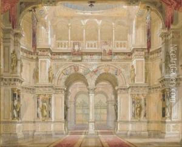 The Hall Of A Palace With Sculptures And Armour Oil Painting - Franz Alt