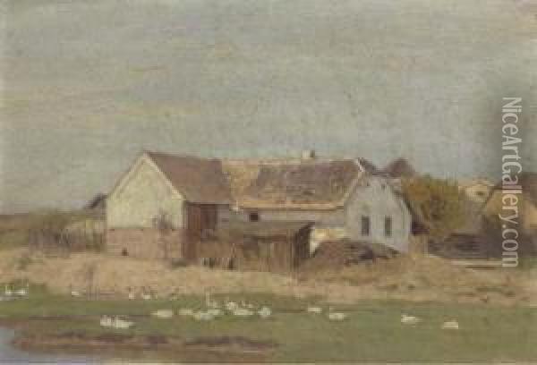 Geese Before A Farmstead Oil Painting - Eugene Jettel