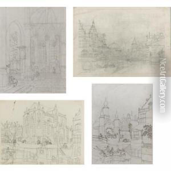 Six Imaginary Dutch Townscapes, And The Interior Of A Church Oil Painting - Jan Hendrik Verheijen